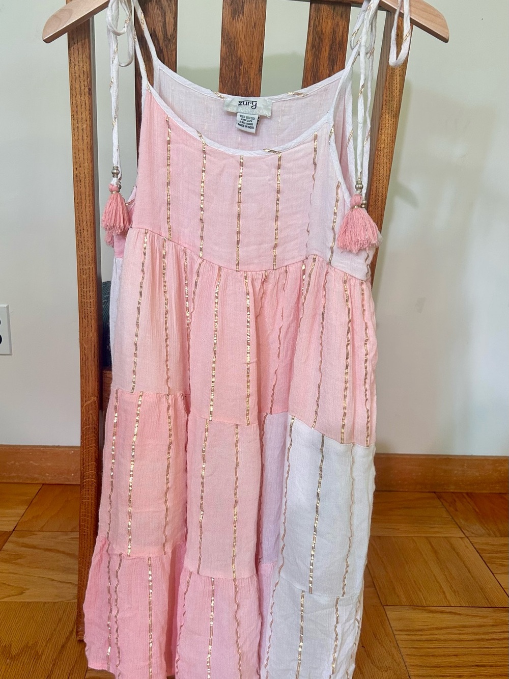 Zury Pink & White Tassel Tie-Shoulder  Rayon dress with lurex stripes. Free size